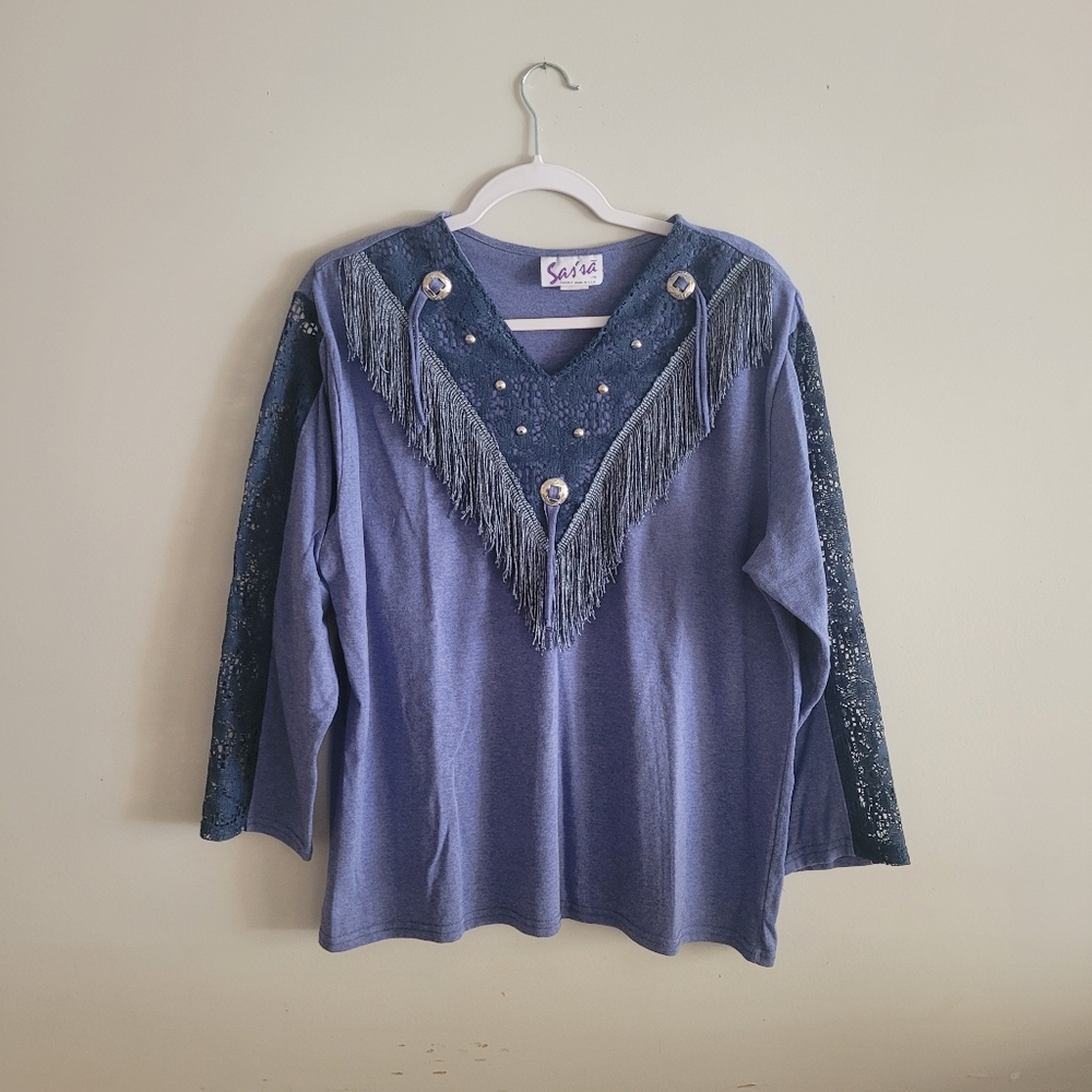 Vintage Blue Fringe Lace Long Sleeve Top